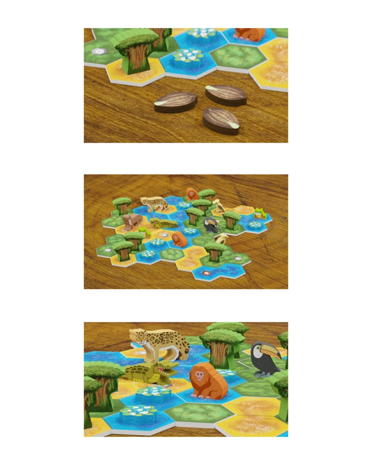 Three stacked photos showing upgraded base components for the Life of Amazônia board game, set up on a wooden table. The top photo shows hexagonal terrain tiles with animal-like pieces on them.