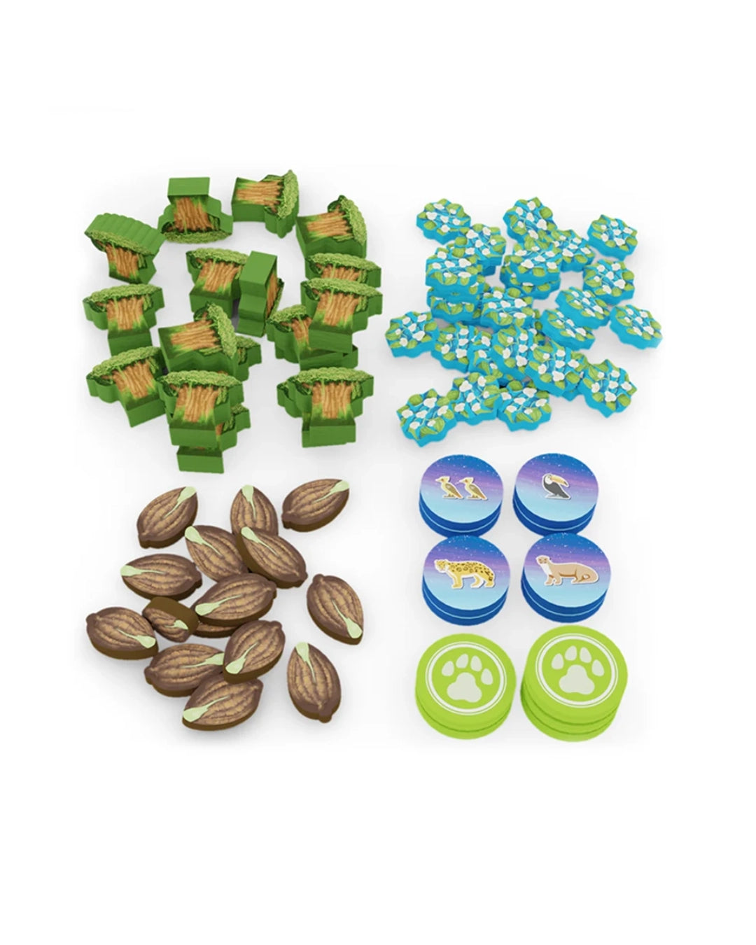 A set of game pieces for Life of Amazônia board game, upgraded base components arranged on a white background, including green claw-shaped tokens, blue paw-print tokens, brown acorns, and round blue and green animal-themed tokens.