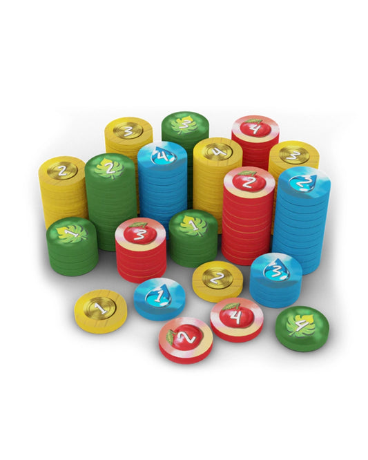 Life Of The Amazonia: Upgraded Resource Tokens displayed as stacked discs on a plain white background. The pieces are primarily red, blue, green, and yellow, with some showing number markings such as 2, 3, 4, and 5.