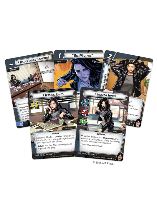 Marvel Champions: The Card Game - Jessica Jones Hero Pack gaming cards on a plain white background, including cards for Alias Investigations, Big Mistake, and Jessica Jones abilities.