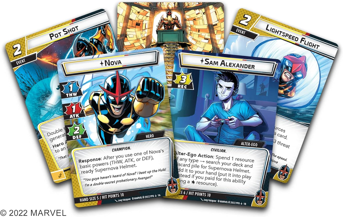 Collection of Marvel trading cards featuring characters and game mechanics.