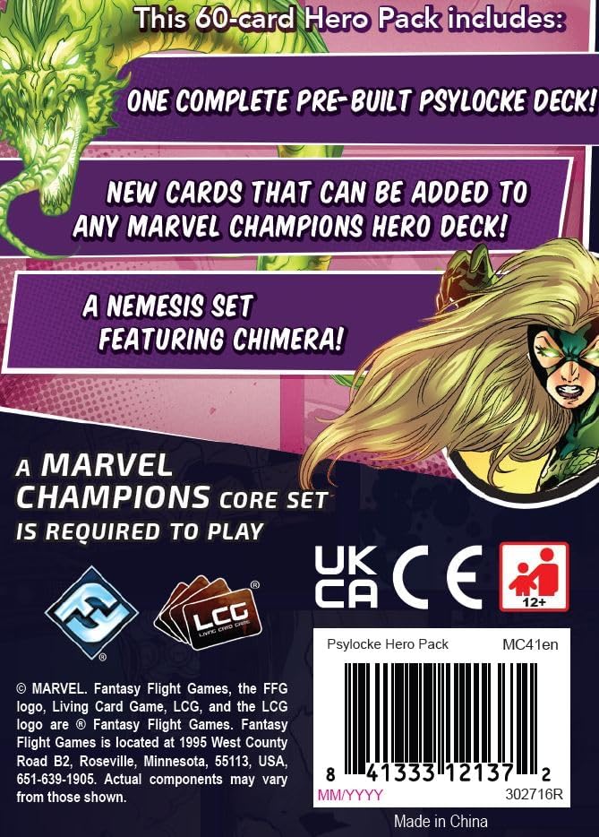 Marvel Champions card game hero pack description with character illustration on a purple and black background