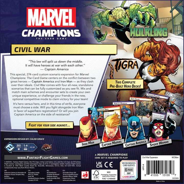 Marvel Champions card game expansion pack for Civil War featuring superhero characters.