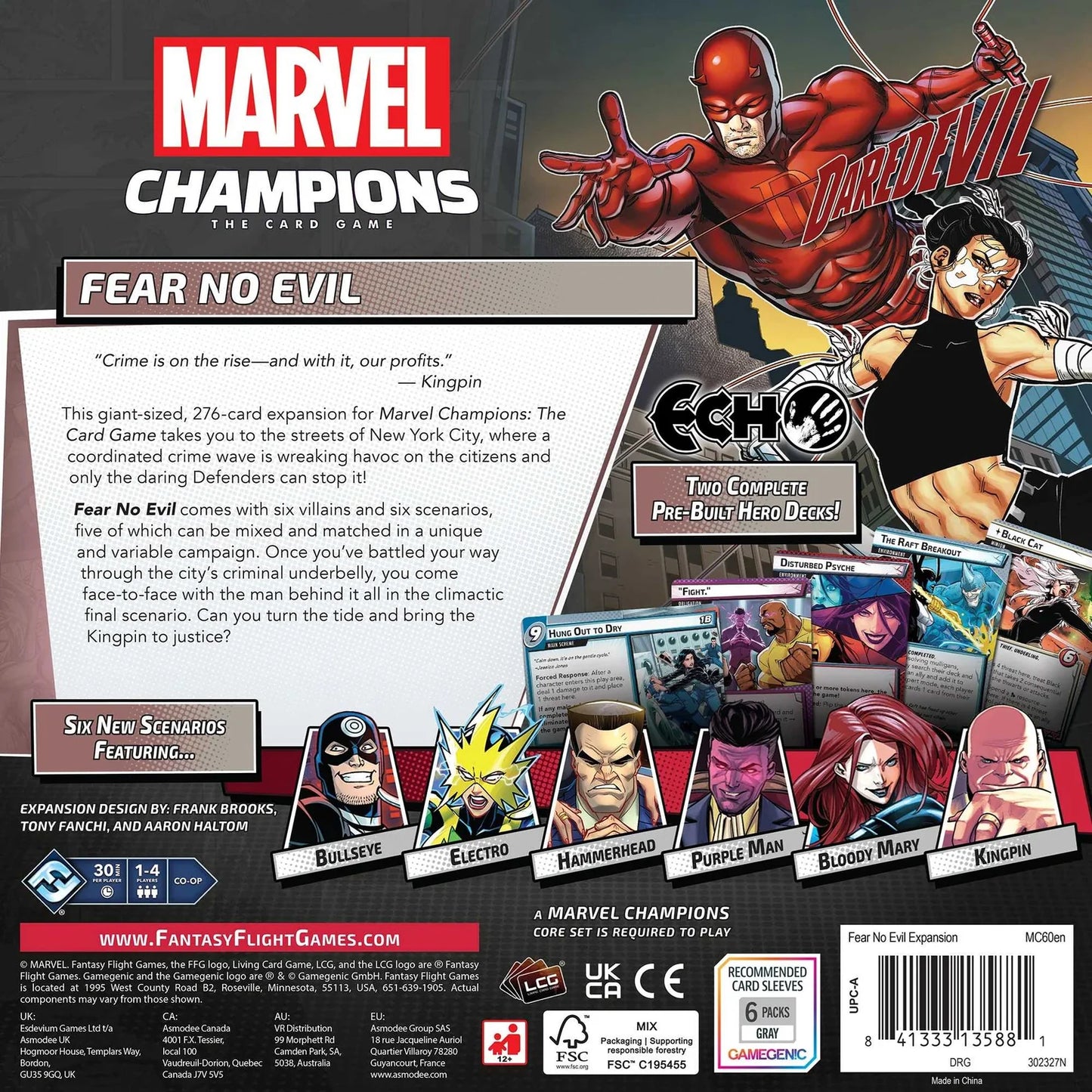 Marvel Champions Fear No Evil LCG expansion pack featuring Daredevil and other characters with text and branding.