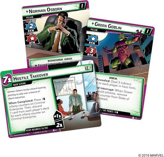 Four Marvel-themed cards featuring characters and game mechanics on a white background.