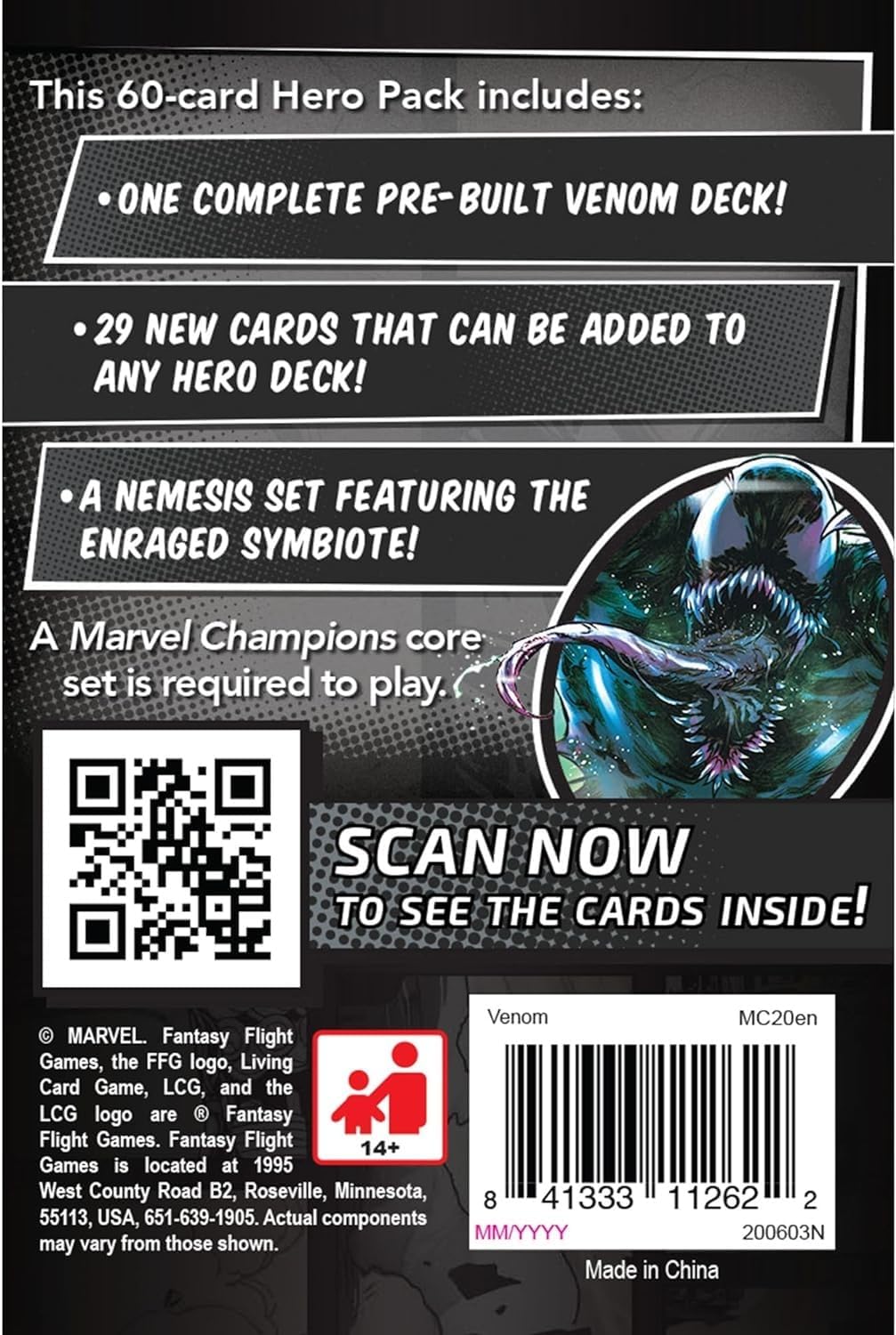 Marvel Champions - Venom Hero Pack rear of packaging with text and graphics on a black background