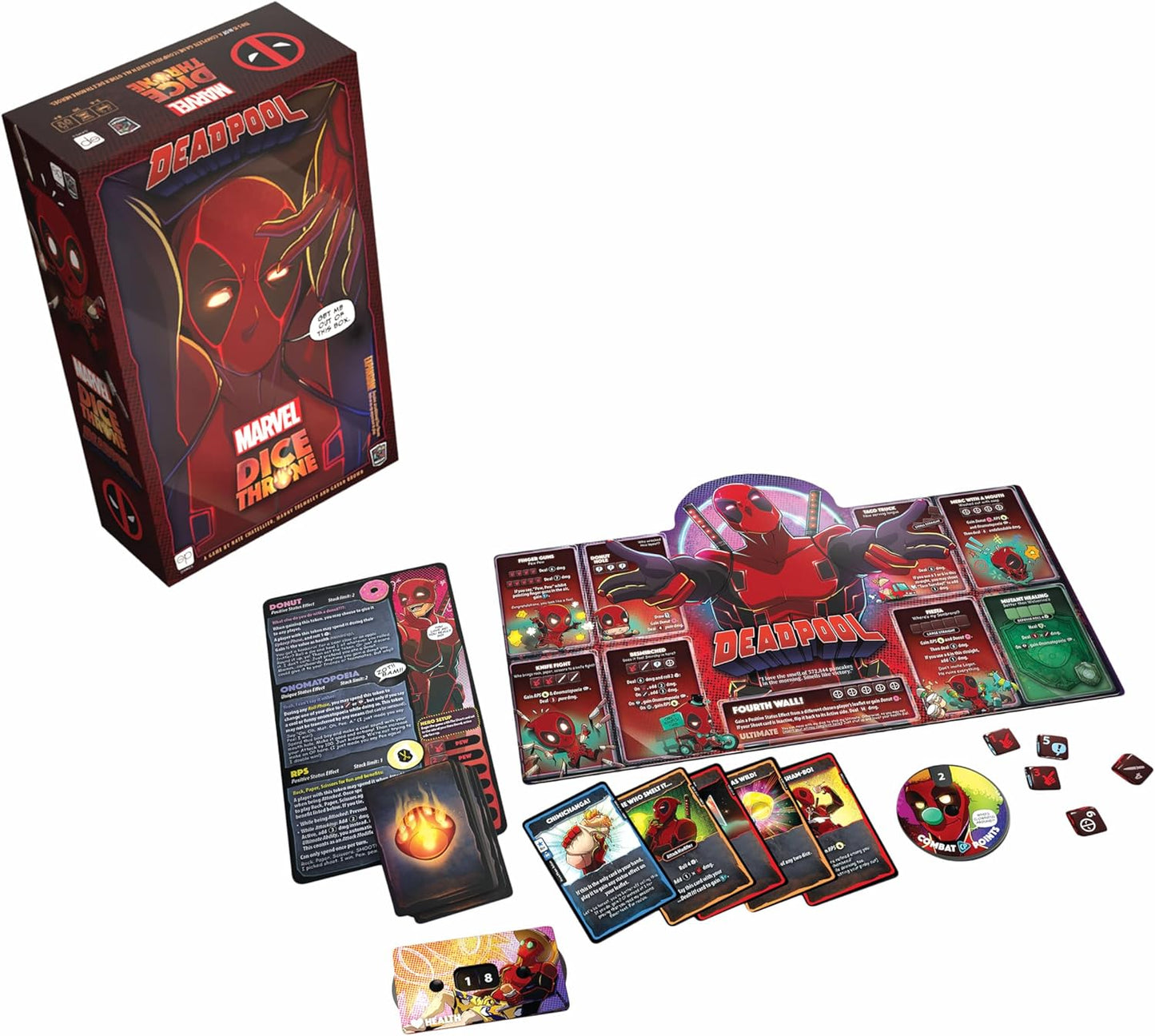 Marvel Deadpool dice and card game set with box on a white background