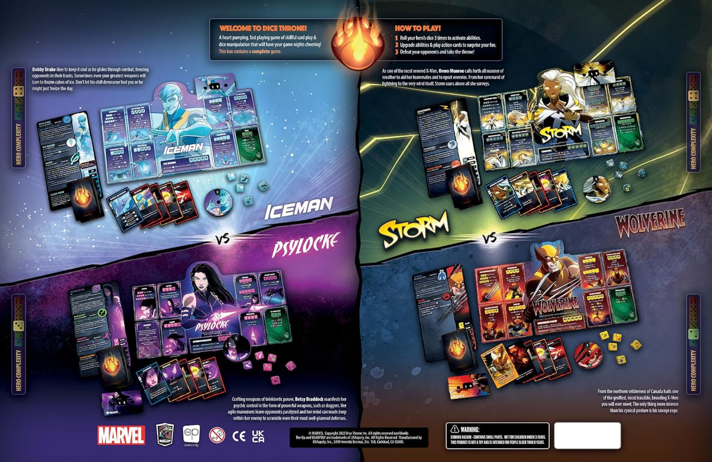 Marvel-themed card game packaging with character cards and game instructions.