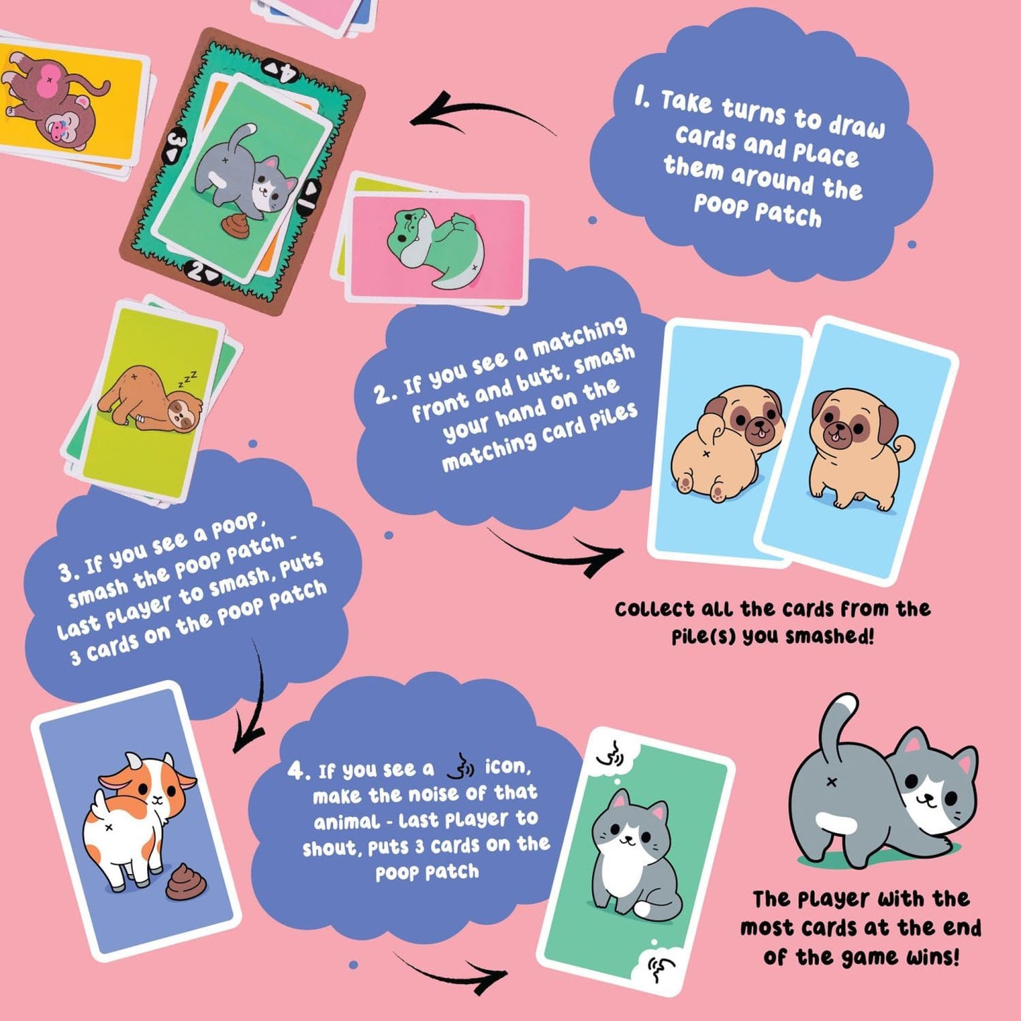 Game instructions for a card game with animal cards on a pink background