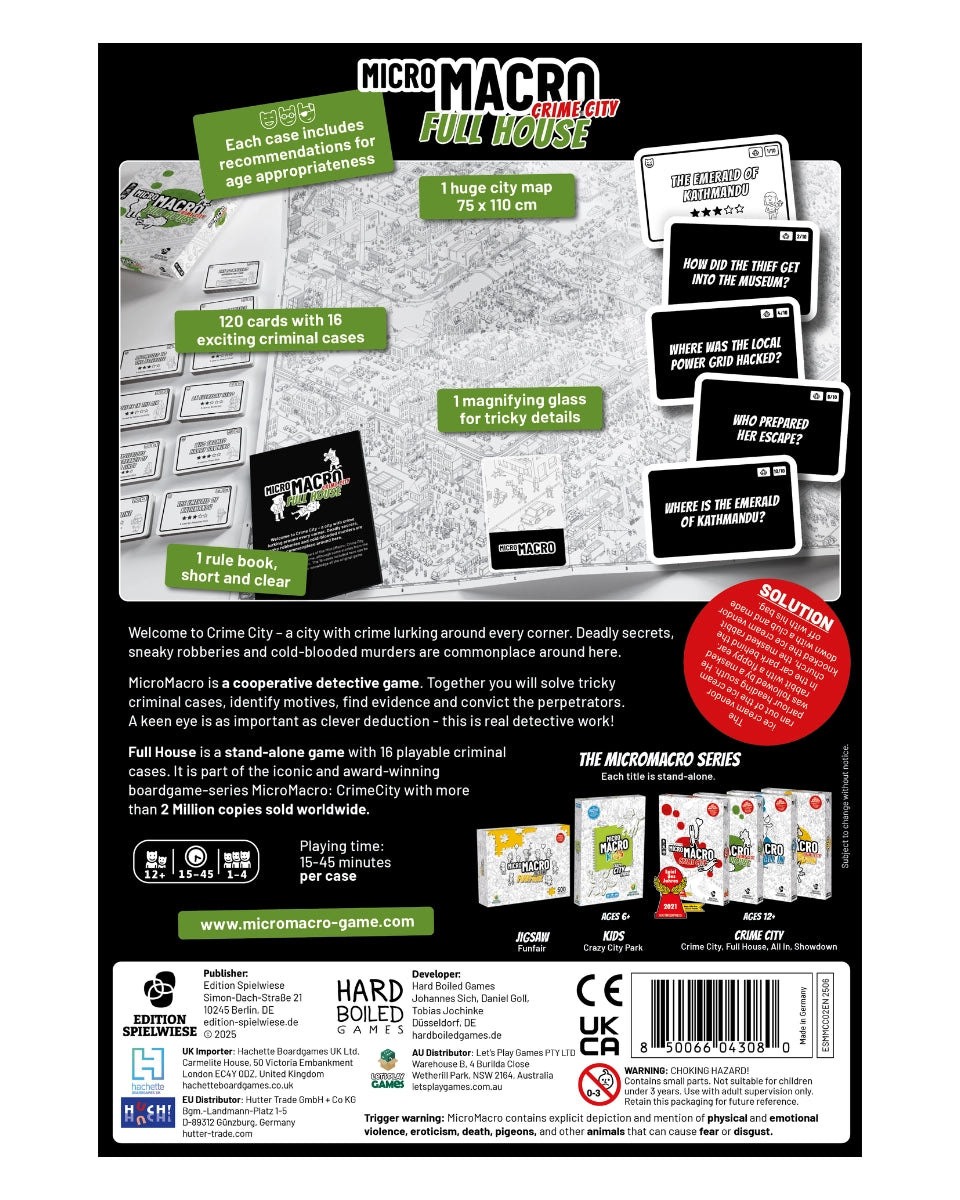 Back view of MicroMacro - Crime City: Full House game packaging with cards and map