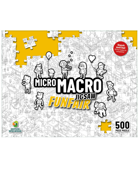 Micro Macro Jigsaw Funfair puzzle packaging with cartoon characters and text on a white background