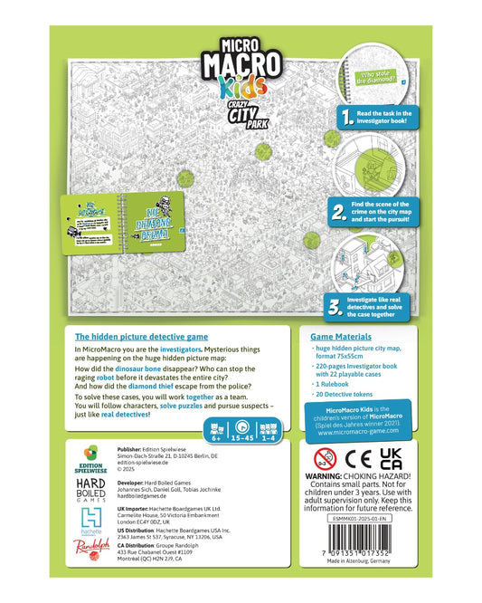 Back of a Micro Macro Kids game packaging with map and instructions.