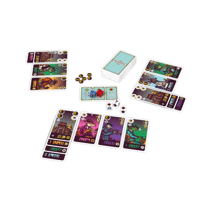 Colourful card game components for Moonshine by BLAM! on a white background