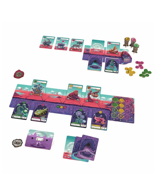 OASIS: New Life on a Distant World by The Op Games game board set with illustrated cards, purple game boards, tokens, and small character pieces arranged on a plain white background.