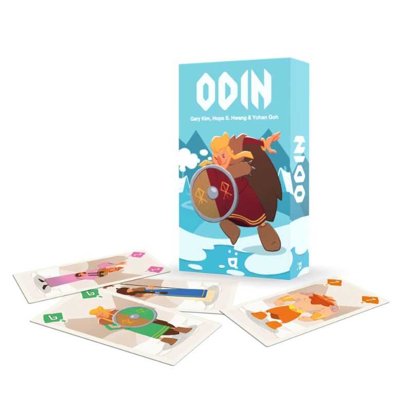 Card game 'ODIN' with character cards and box on a white background