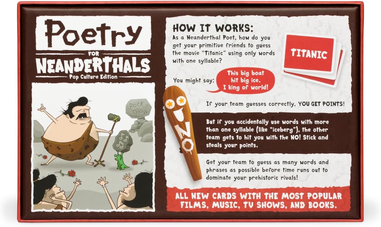 Board game box for 'Poetry for Neanderthals' with instructions and illustrations.
