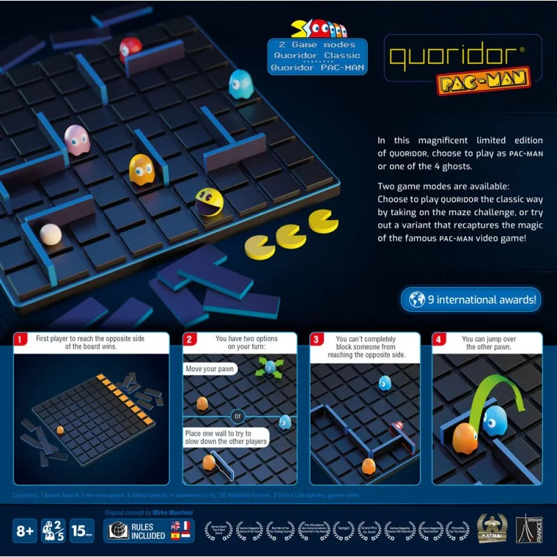 Quoridor PAC-MAN game board with game pieces on a dark background