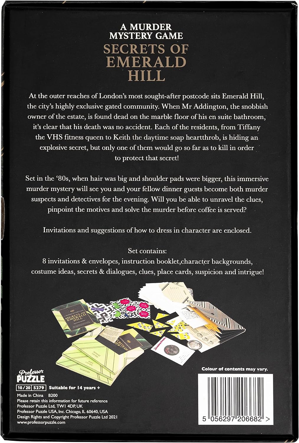 Back cover of a murder mystery game packaging with text and images.