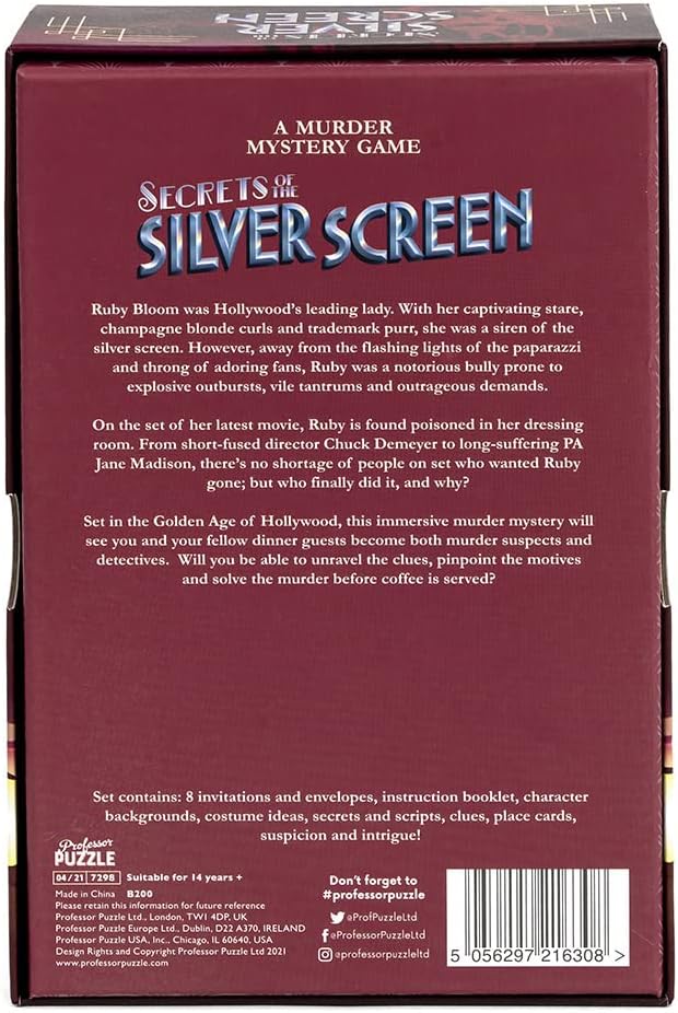 murder mystery game titled 'Secrets is the Silver Screen back of product box