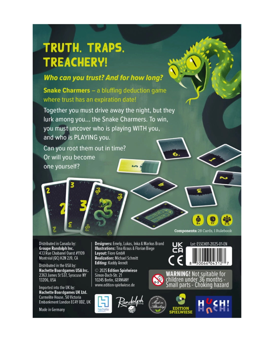 Back cover of Snake Charmers card game packaging with text and game cards, featuring a green snake illustration.