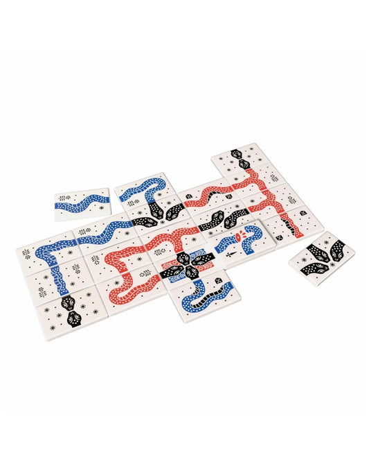 Board game Snakes of Wrath set of white square game tiles arranged on a plain white background, featuring red and blue winding paths with black spots and small printed symbols.