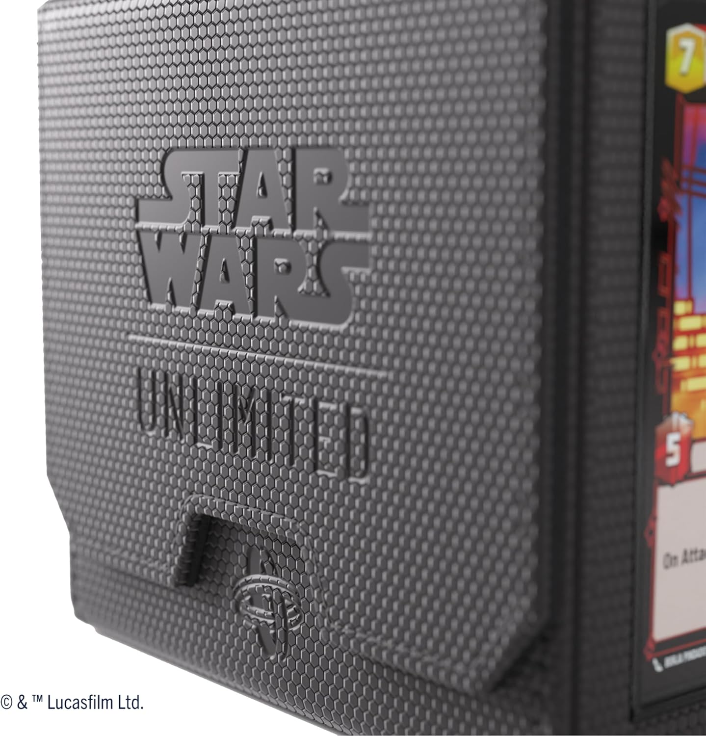 Close-up of Star Wars: Unlimited Deck Pod - Black with 'Star Wars Unlimited' branding on a textured surface.