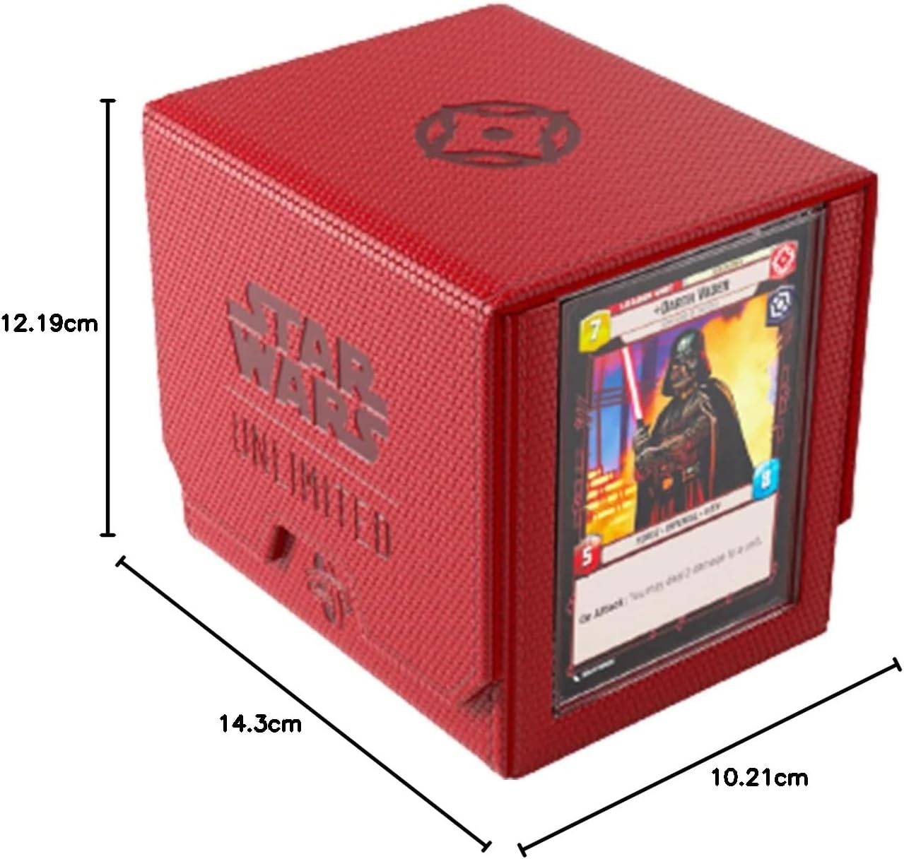 Star Wars: Unlimited Deck Pod - Red with a card featuring Darth Vader, showing measurements on a white background.