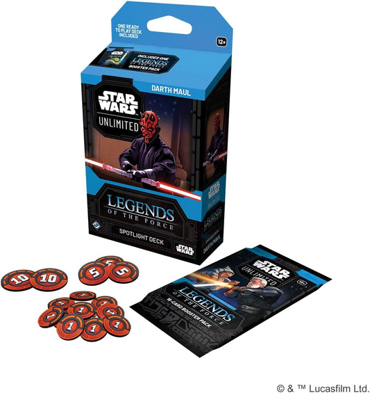 Star Wars Unlimited Darth Maul Legends of the Force Spotlight Deck packaging with tokens and booster pack
