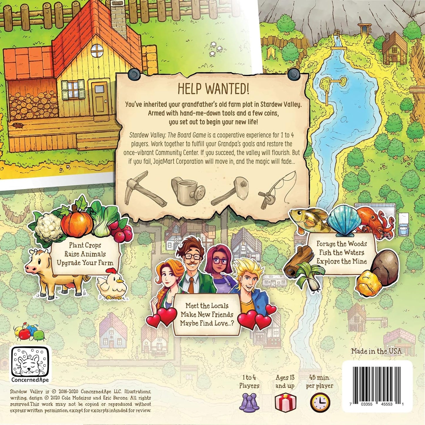 Stardew Cooperative board game box with colourful illustrations of a farm, characters, and text on the back