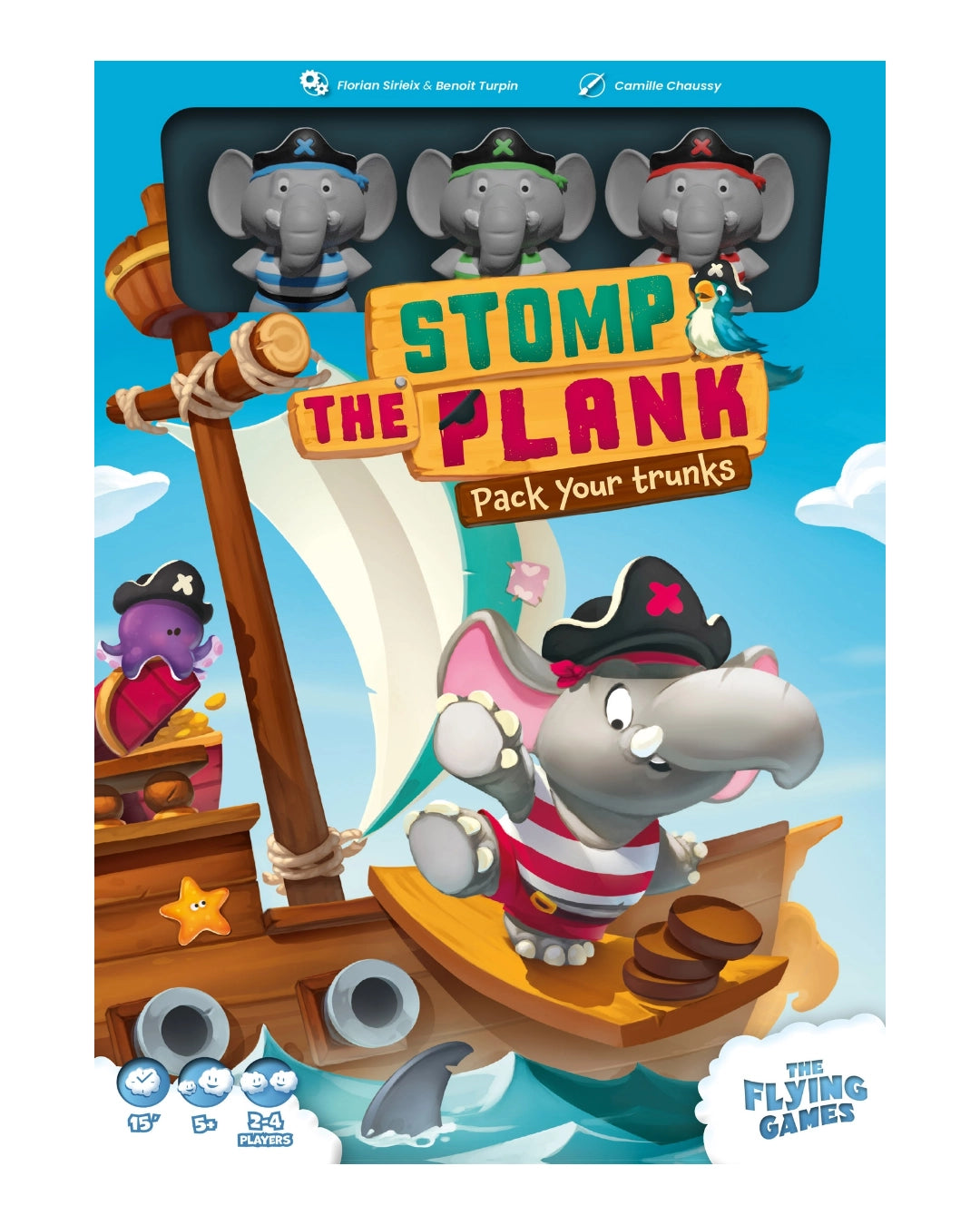 Front cover of the board game 'Stomp the Plank: Pack Your Trunks' by The Flying Games, featuring a cartoon elephant in a pirate hat on a wooden ship with other illustrated characters and colourful title text.