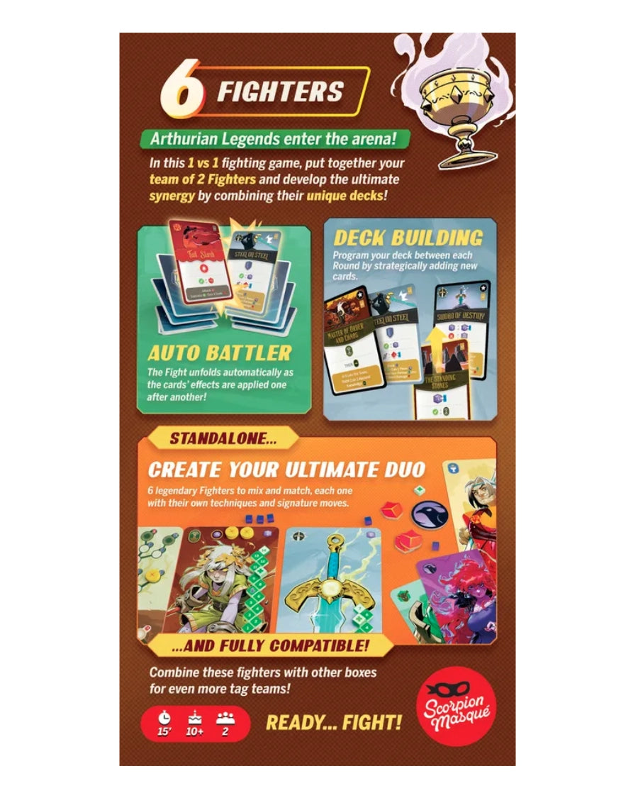 Scorpion Masque 'Tag Team: Arthur's Legacy' card game promotional flyer or product overview graphic for '6 Fighters' by Spelion Magazine, detailing how players can combine different Arthurian Legends deckbuilders to create their own unique decks. The flyer features a dark brown background with colorful text, illustrations of game cards, and various character art.