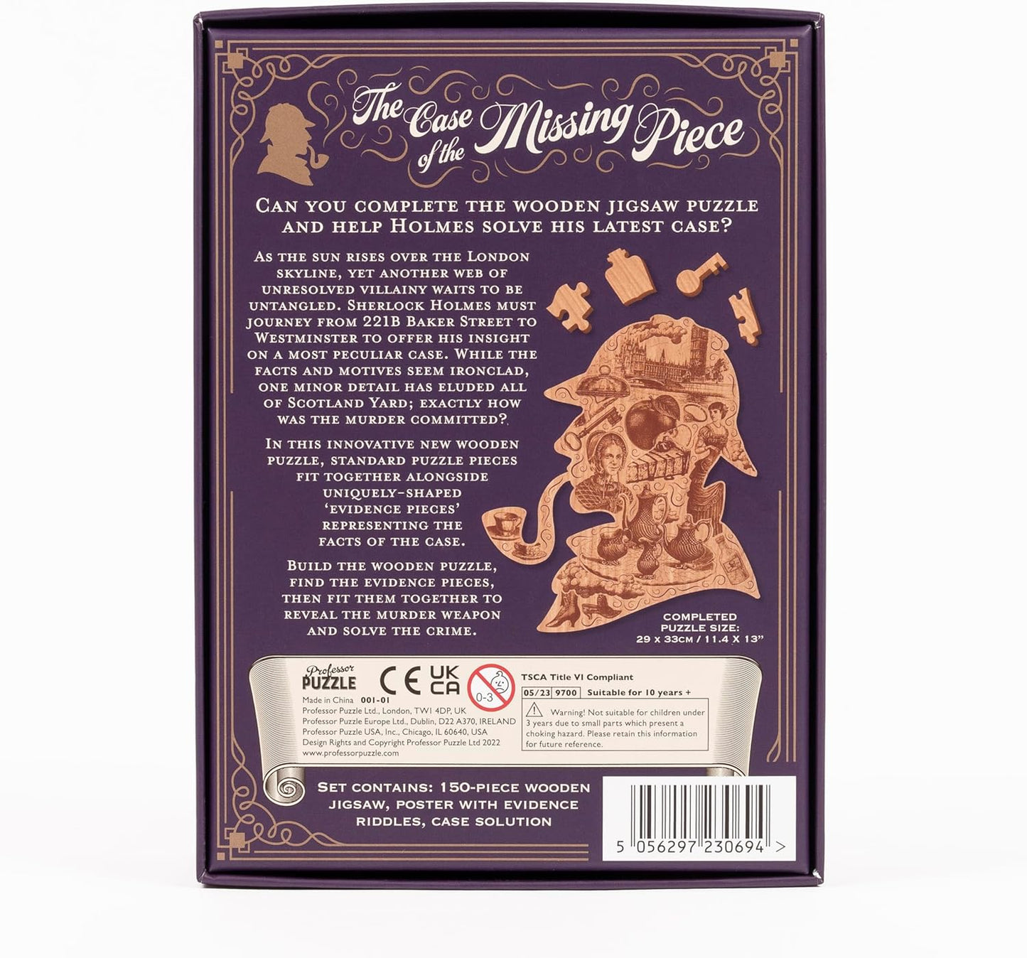 Back of a wooden jigsaw puzzle packaging with text and illustration of a detective.