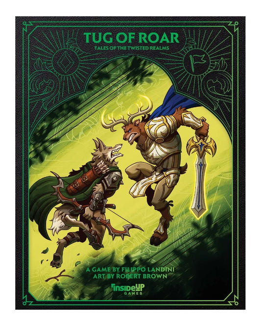 Front cover of the board game Tug of Roar: Tales of the Twisted Realms by Inside Up Games, featuring fantasy artwork of a horned warrior fighting a wolf-like creature on a bright yellow-green background.