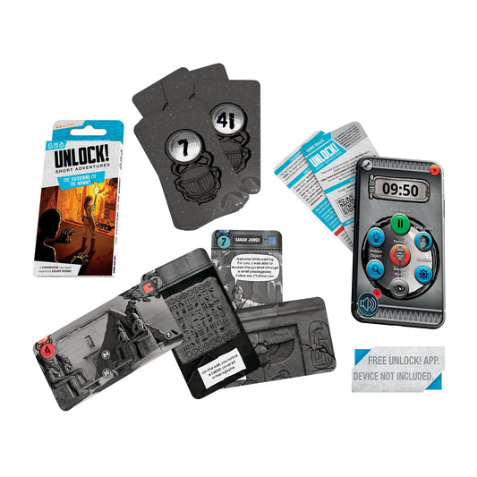Collection of Unlock! mystery adventure game components including cards and a timer on a white background.