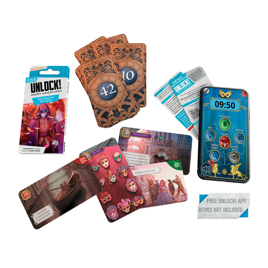 Collection of 'Unlock!' game components including cards and app packaging on a white background