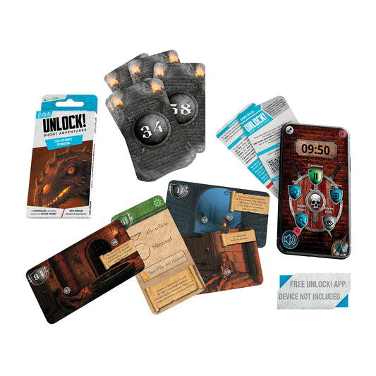 Collection of Unlock! Secret Adventures game cards and packaging on a white background
