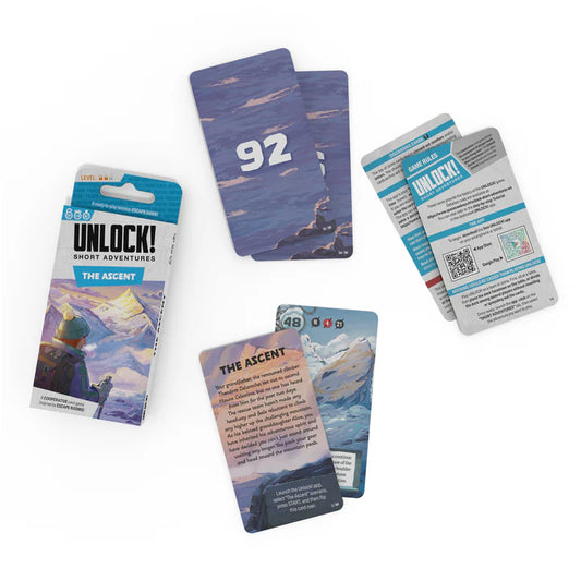 Set of 'Unlock!' adventure cards for Unlock! Short Adventures 13 - The Ascent, with mountain-themed artwork on a white background
