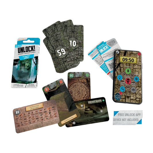 Collection of game components for UNLOCK! Short: In Pursuit of Cabrakan on a white background