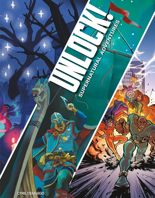 Unlock! Supernatural Adventures cover, with colourful illustrations of characters and a dark forest scene.