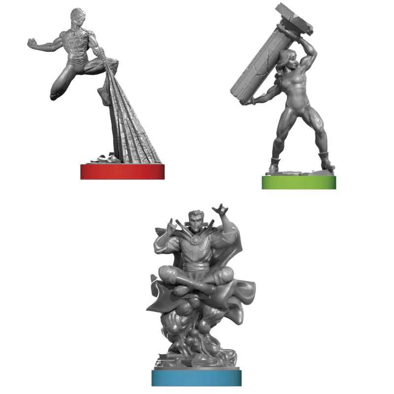 Three gray superhero figurines on colourful bases against a white background for Unmatched Brains and Brawn board game