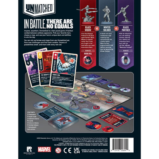 Back view of Unmatched board game packaging with game pieces and cards displayed.