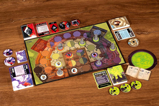 Unmatched Slings and Arrows board game with character pieces and cards on a wooden surface