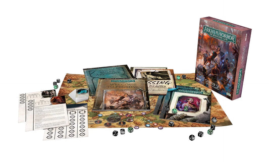 Arkham Horror RPG: Starter Set - Welcome to Promise board game components, including a box, cards, and dice on a white background