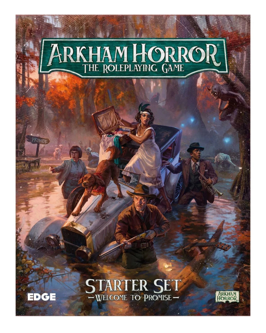 Front cover of the Arkham Horror: The Roleplaying Game Starter Set - Welcome To Promise box, featuring illustrated artwork of a group of adventurers in a dark, rainy forest clearing with a car and dramatic title text.