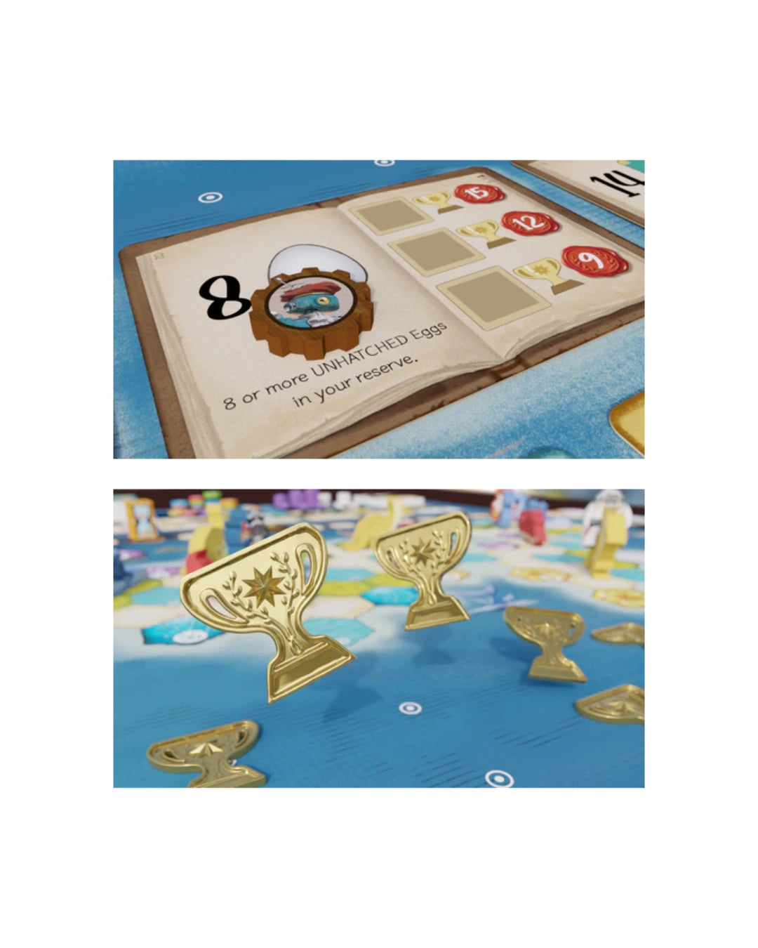 Two product detail shots from the board game Wondrous Creatures Crew Set Expansion: one showing an open instruction or resource card with icons and text, and the other showing several gold trophy tokens placed on a blue game board.
