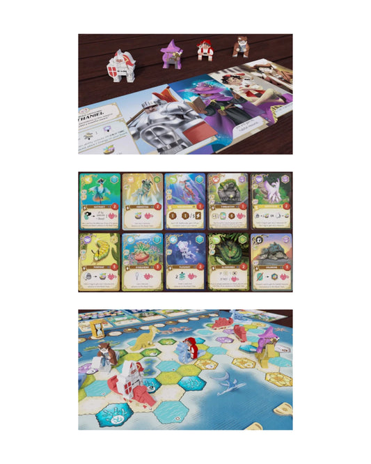 A three-panel collage showing Gargantuan Beasts' from the 'Wondrous Creatures' series board game setup: an open rulebook with character cards, a set of illustrated game cards arranged in a grid, and a colourful game board with player figures and hexagonal tiles.