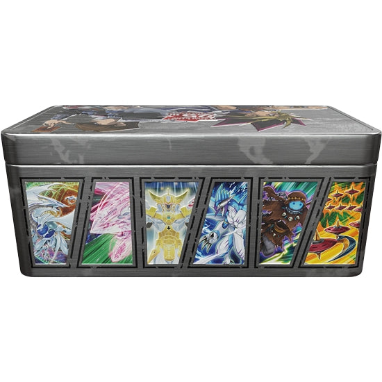 A tin set of the Yu-Gi-Oh! Trading card game Duelling Mirrors features an illustration of characters and cards on its surface. on a white background