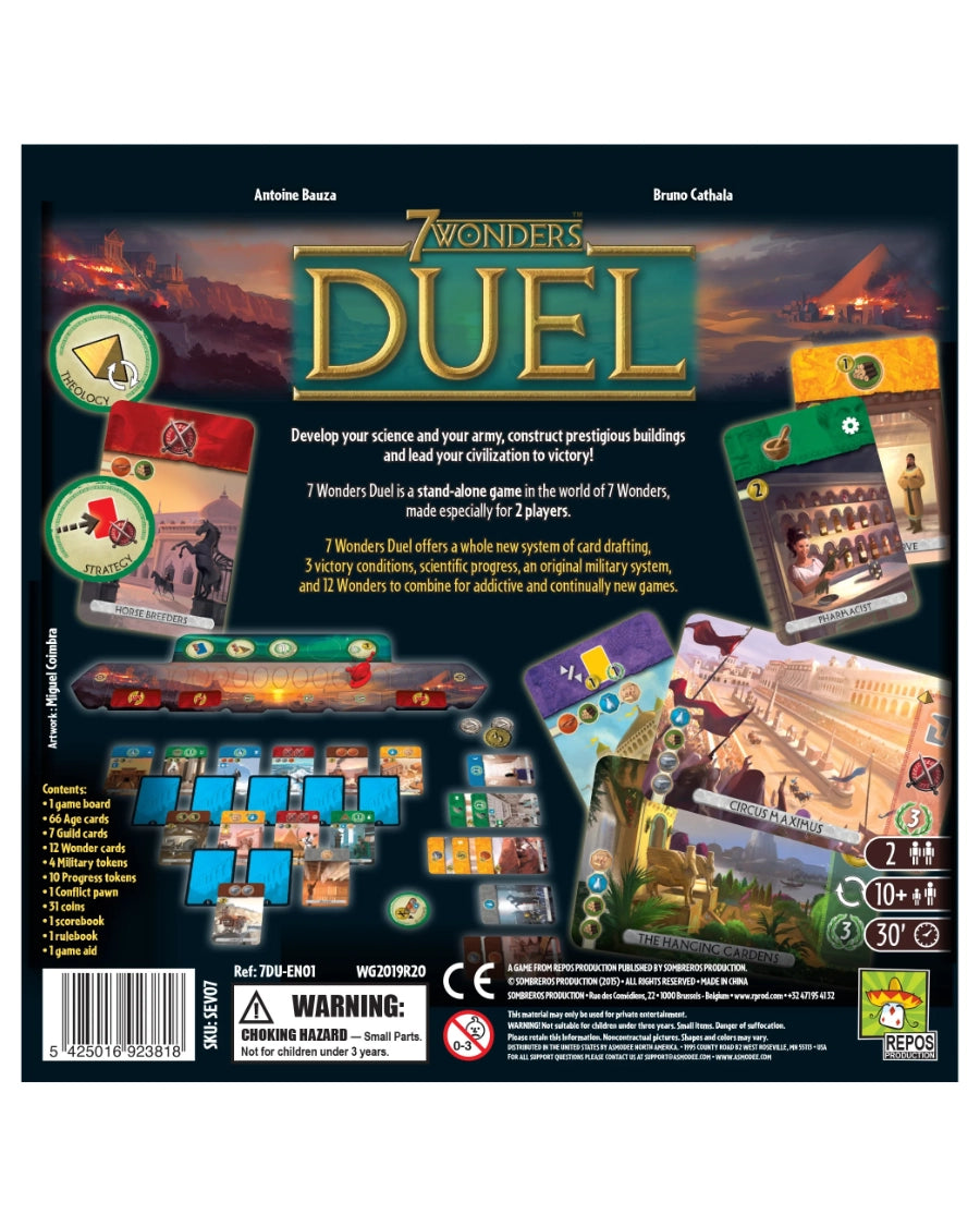 Board game packaging for '7 Wonders Duel' with colourful graphics and text.