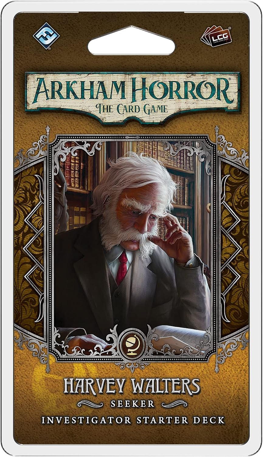 Packaging for Arkham Horror The Card Game featuring Harvey Walters Investigator Starter Deck, with a card image and the game's logo.