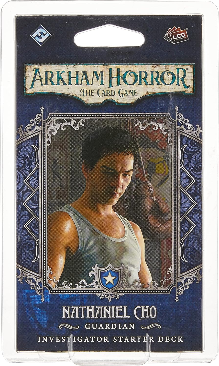 A packaged card game item featuring the character Nathaniel Cho from the Arkham Horror series. The packaging is predominantly blue with an illustration of a male character in the center, surrounded by decorative card game graphics.